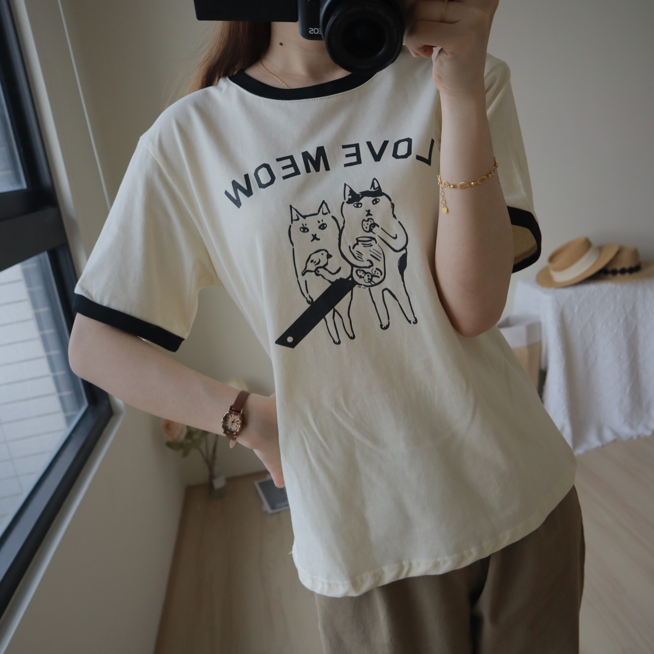 【現貨】今天想穿手繪Tee．兩隻小跩貓 撞色短袖純棉T-shirt