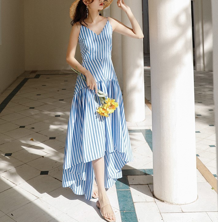 【預購】熱情法式風．度假必備 設計款藍白條紋長洋裝（S~XL）