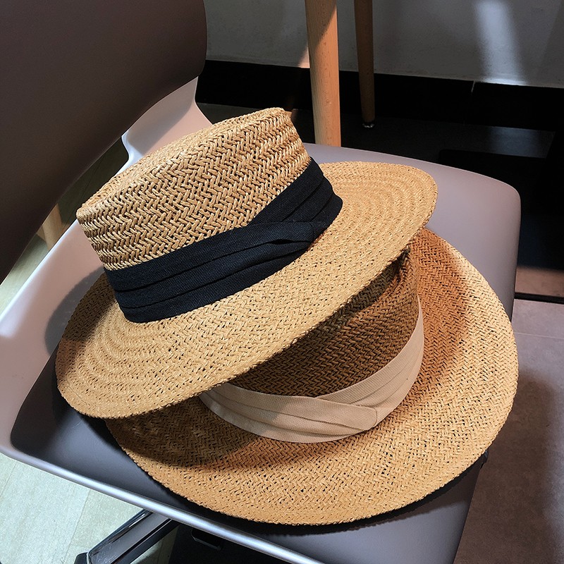 【預購】度假必備！法式織帶草編平頂禮帽/草帽～３色