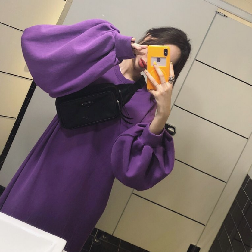 【現貨】One piece系列．慵懶風燈籠袖衛衣長洋裝（紫色S）