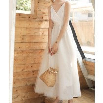 【預購】法式極簡．文藝風設計款 細肩帶網紗洋裝 輕婚紗（S~XL）